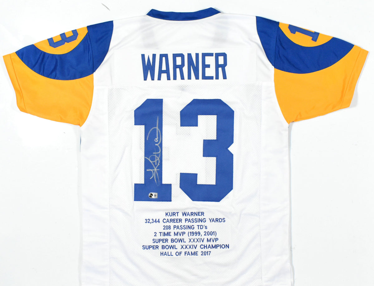 Kurt Warner Autographed White Pro Style STAT Jersey - Beckett W Hologram