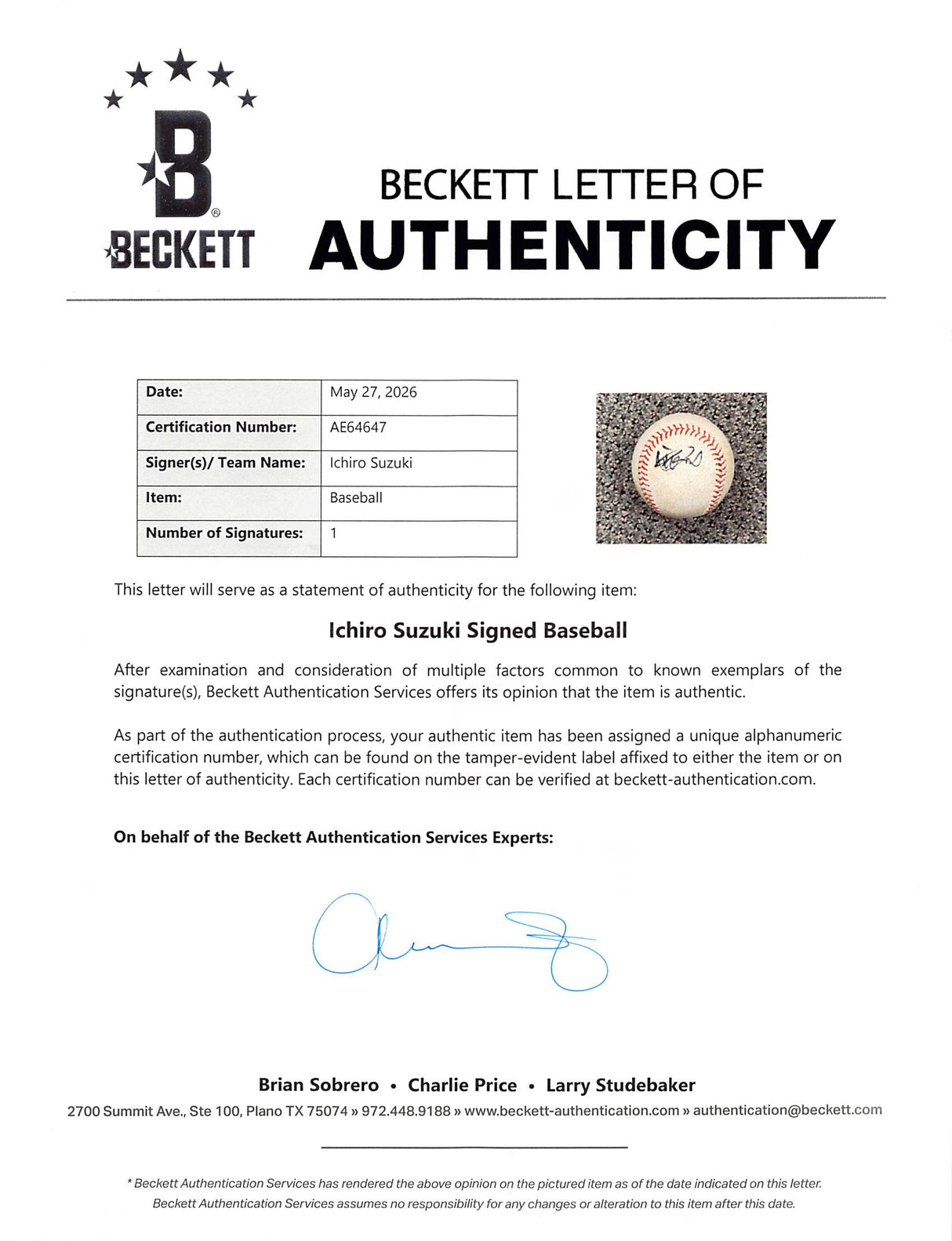 Mariners Ichiro Suzuki Authentic Signed Oml Baseball Autographed BAS #AE64647