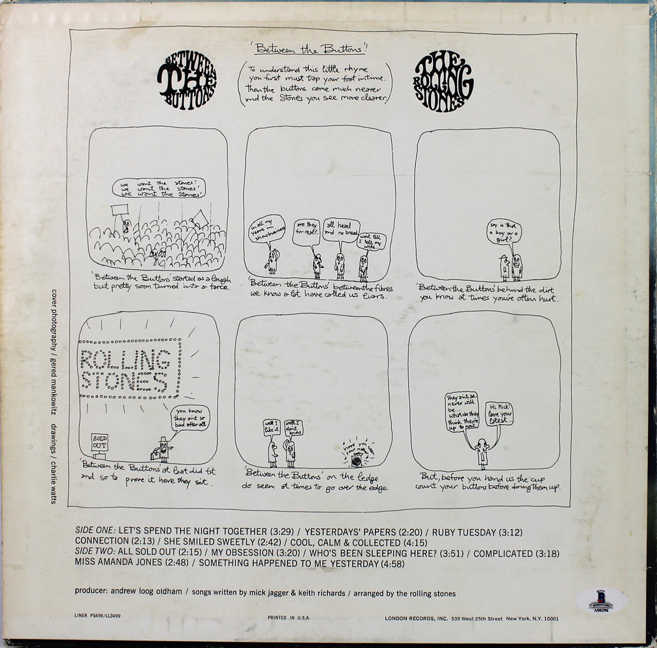 Rolling Stones Keith Richards & Charlie Watts Signed Album Cover W/ Vinyl BAS