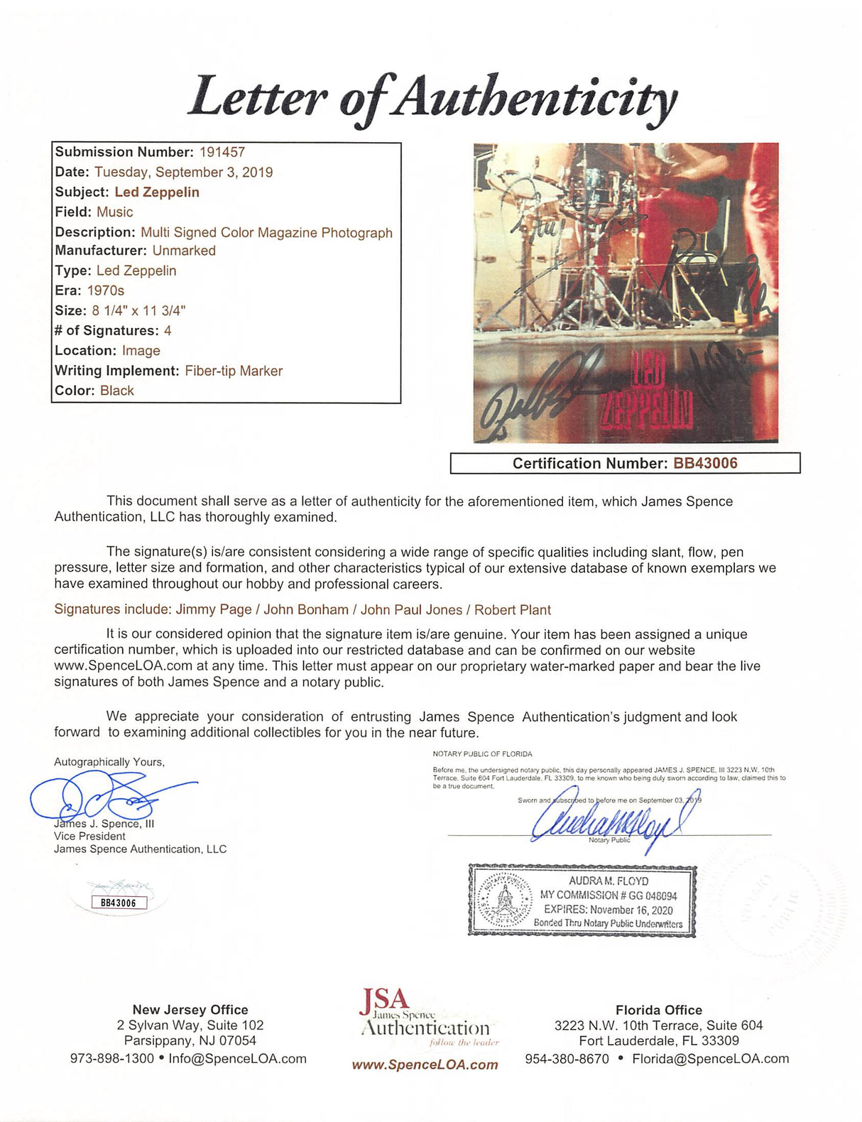 Led Zeppelin (4) Plant, Page, Bonham & Jones Signed Magazine Page JSA #BB43006
