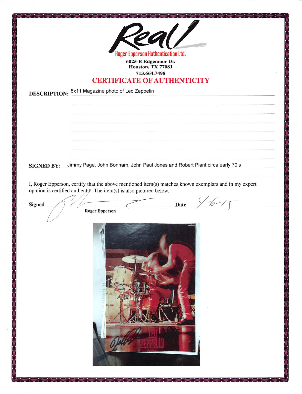 Led Zeppelin (4) Plant, Page, Bonham & Jones Signed Magazine Page JSA #BB43006