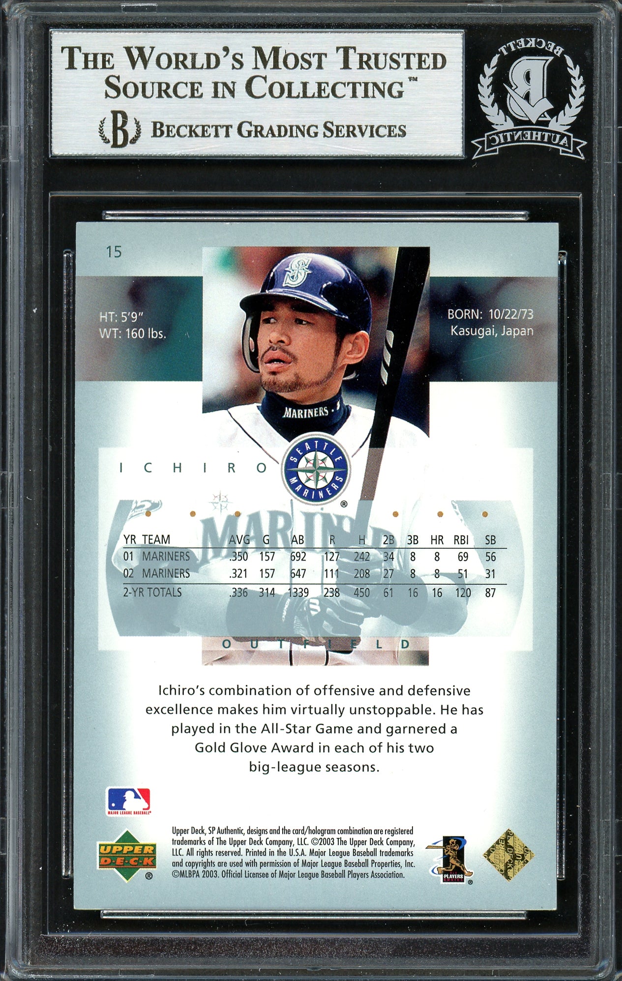 Ichiro Suzuki Autographed 2003 SP Authentic Card #15 Seattle Mariners Beckett BAS Stock #191259