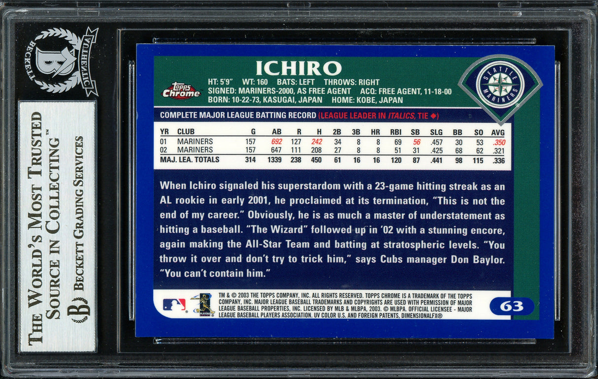 Ichiro Suzuki Autographed 2003 Topps Chrome Card #63 Seattle Mariners Beckett BAS Stock #191261