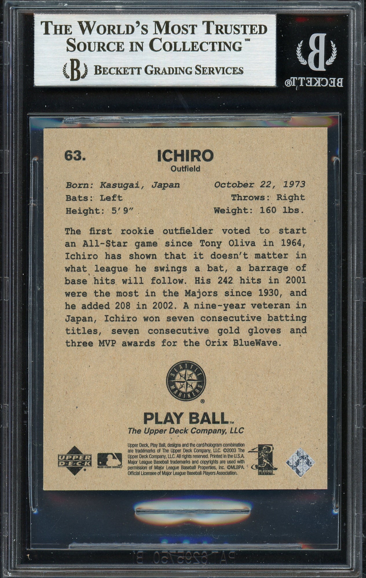 Ichiro Suzuki Autographed 2003 Upper Deck Play Ball Mini Card #63 Seattle Mariners Beckett BAS #12668496