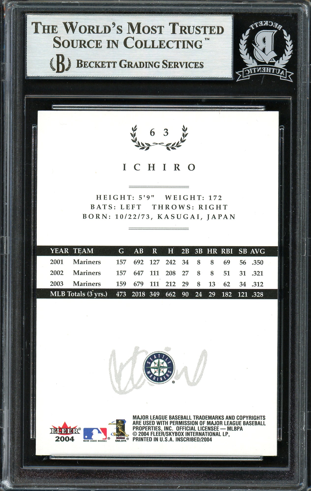 Ichiro Suzuki Autographed 2004 Fleer InScribed Card #63 Seattle Mariners Beckett BAS #12668523