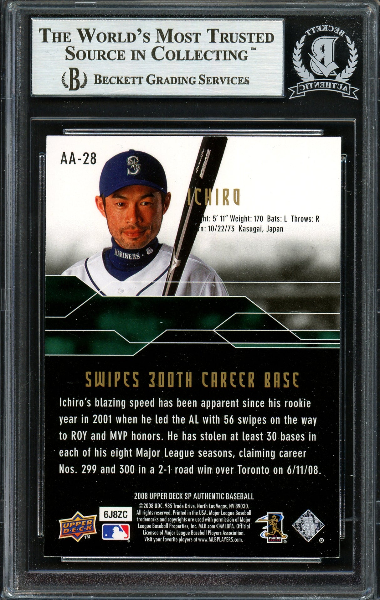 Ichiro Suzuki Autographed 2008 SP Authentic Achievements Card #AA-28 Seattle Mariners Beckett BAS #12668892