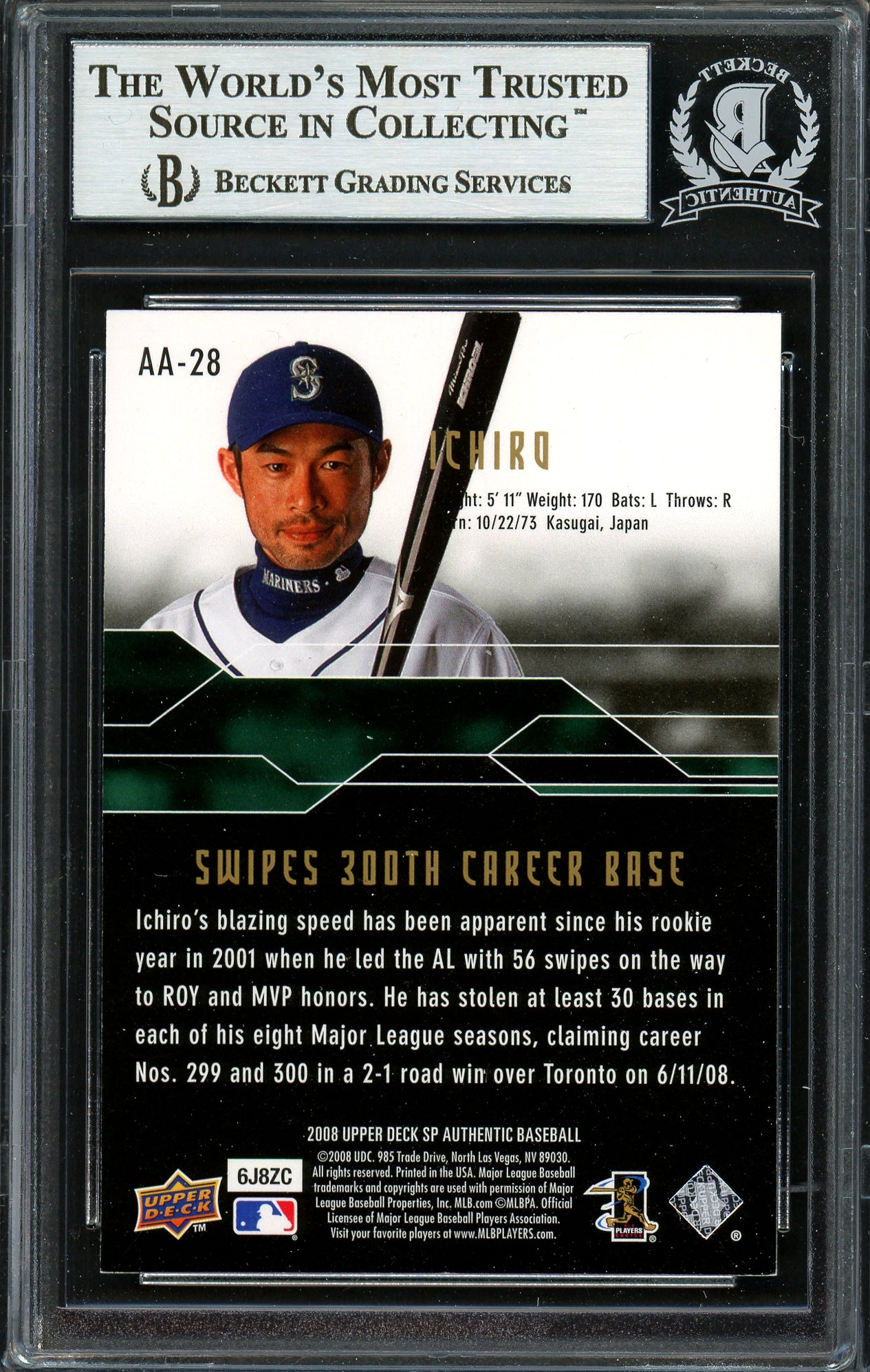 Ichiro Suzuki Autographed 2008 SP Authentic Achievements Card #AA-28 Seattle Mariners Beckett BAS #12668892