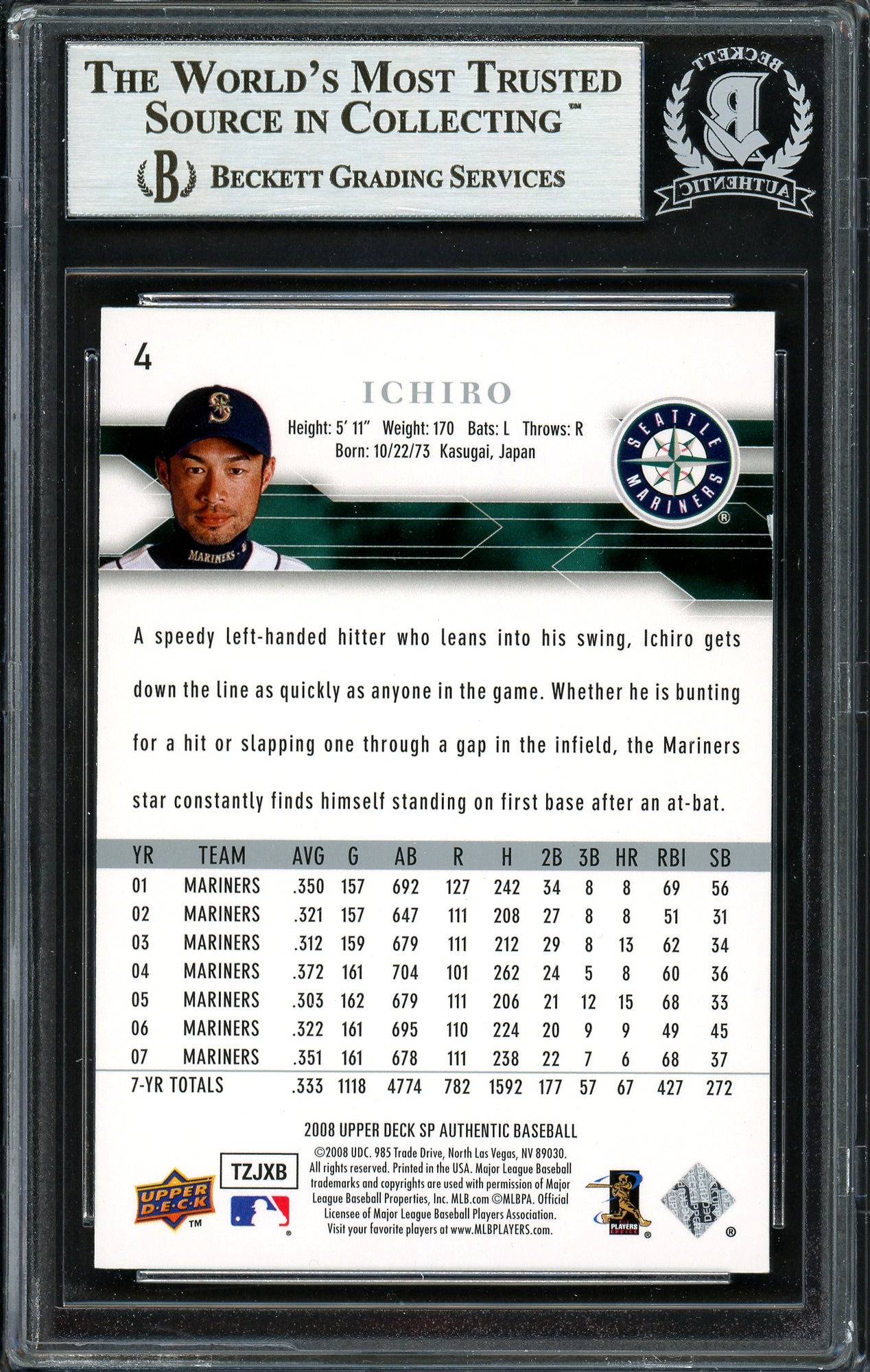 Ichiro Suzuki Autographed 2008 SP Authentic Card #4 Seattle Mariners Beckett BAS #12668894