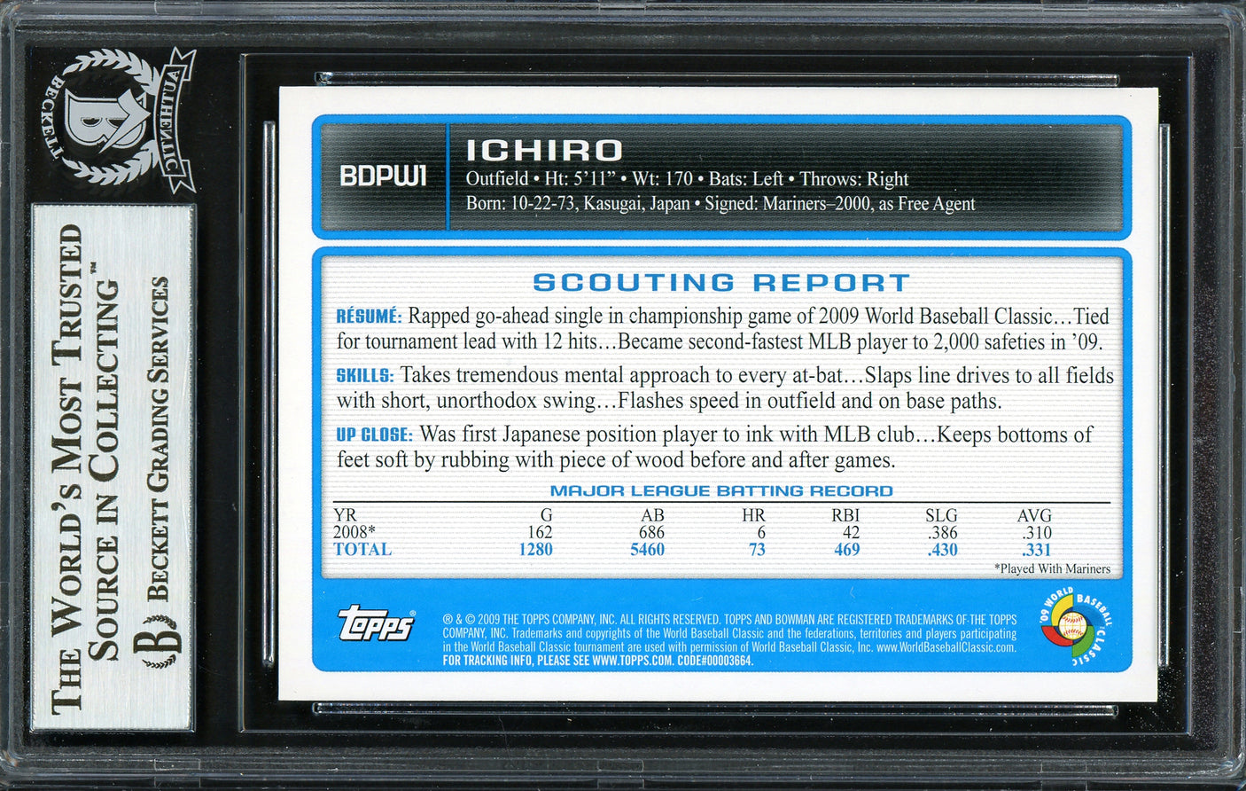 Ichiro Suzuki Autographed 2009 Bowman Draft Card #BDPW1 Japan Beckett BAS Stock #191310