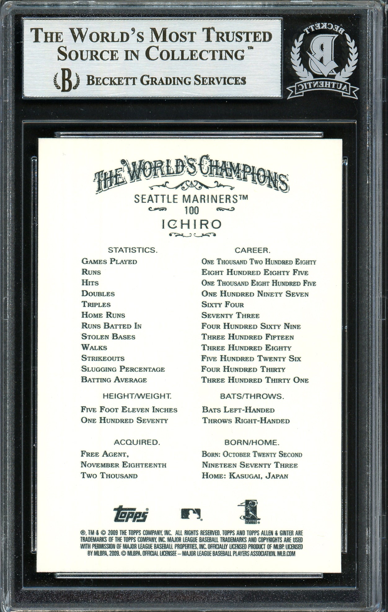 Ichiro Suzuki Autographed 2009 Topps Allen & Ginter Card #100 Seattle Mariners Beckett BAS Stock #191312