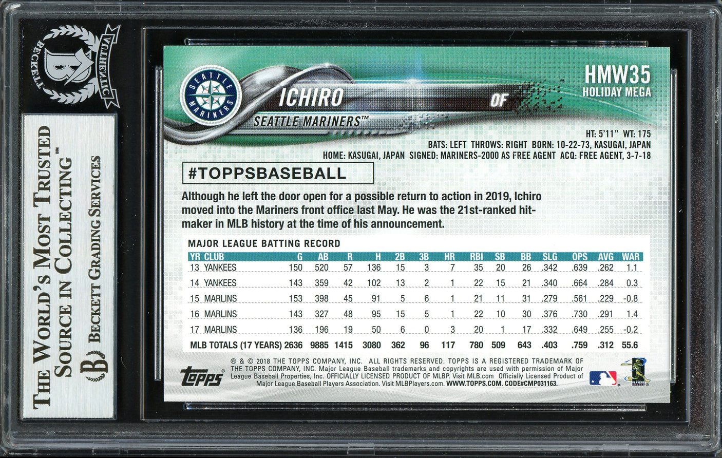 Ichiro Suzuki Autographed 2018 Topps Holiday Card #HMW35 Seattle Mariners Beckett BAS #12668029