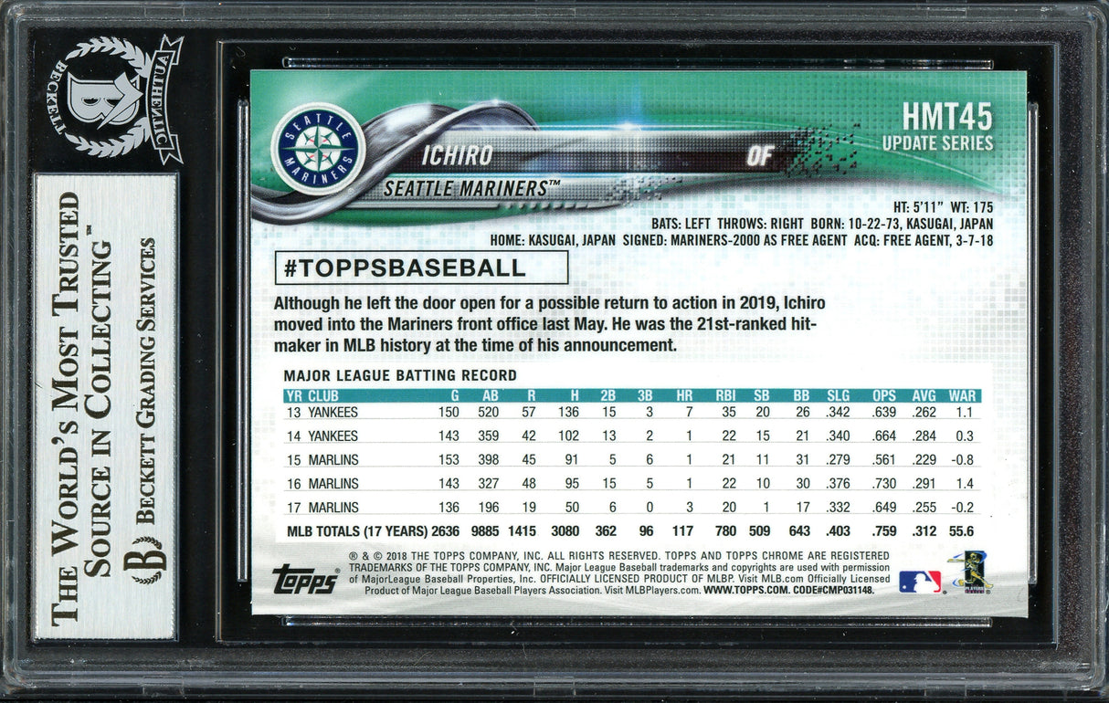 Ichiro Suzuki Autographed 2018 Topps Chrome Update Card #HMT45 Seattle Mariners Beckett BAS #12668031
