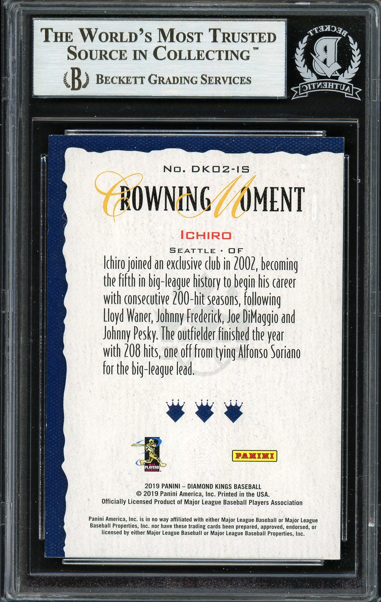 Ichiro Suzuki Autographed 2019 Panini Diamond Kings Crowning Moment Card #DK-02-IS Seattle Mariners Beckett BAS #12668058