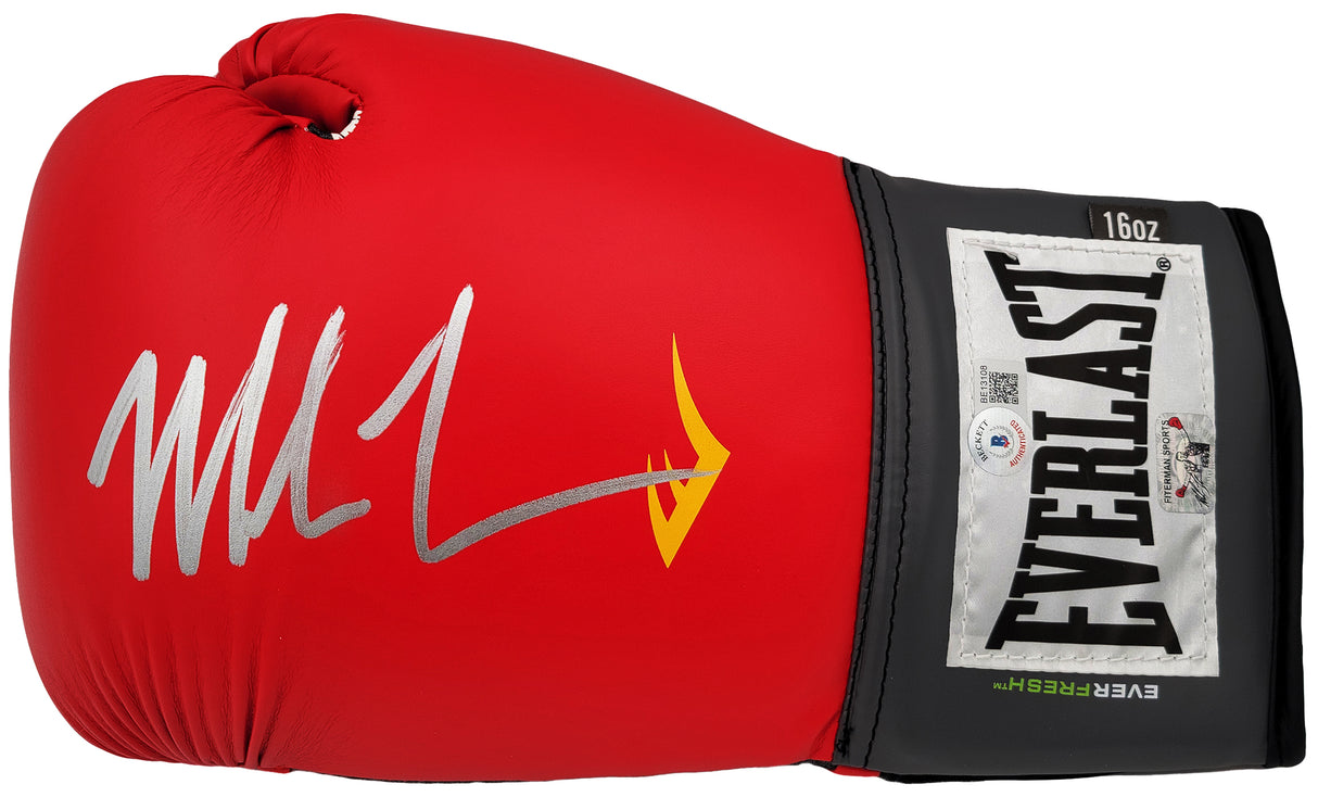 Mike Tyson Autographed Red Everlast Everfresh Boxing Glove (Left Handed LH, Silver) Beckett BAS Stock #202299
