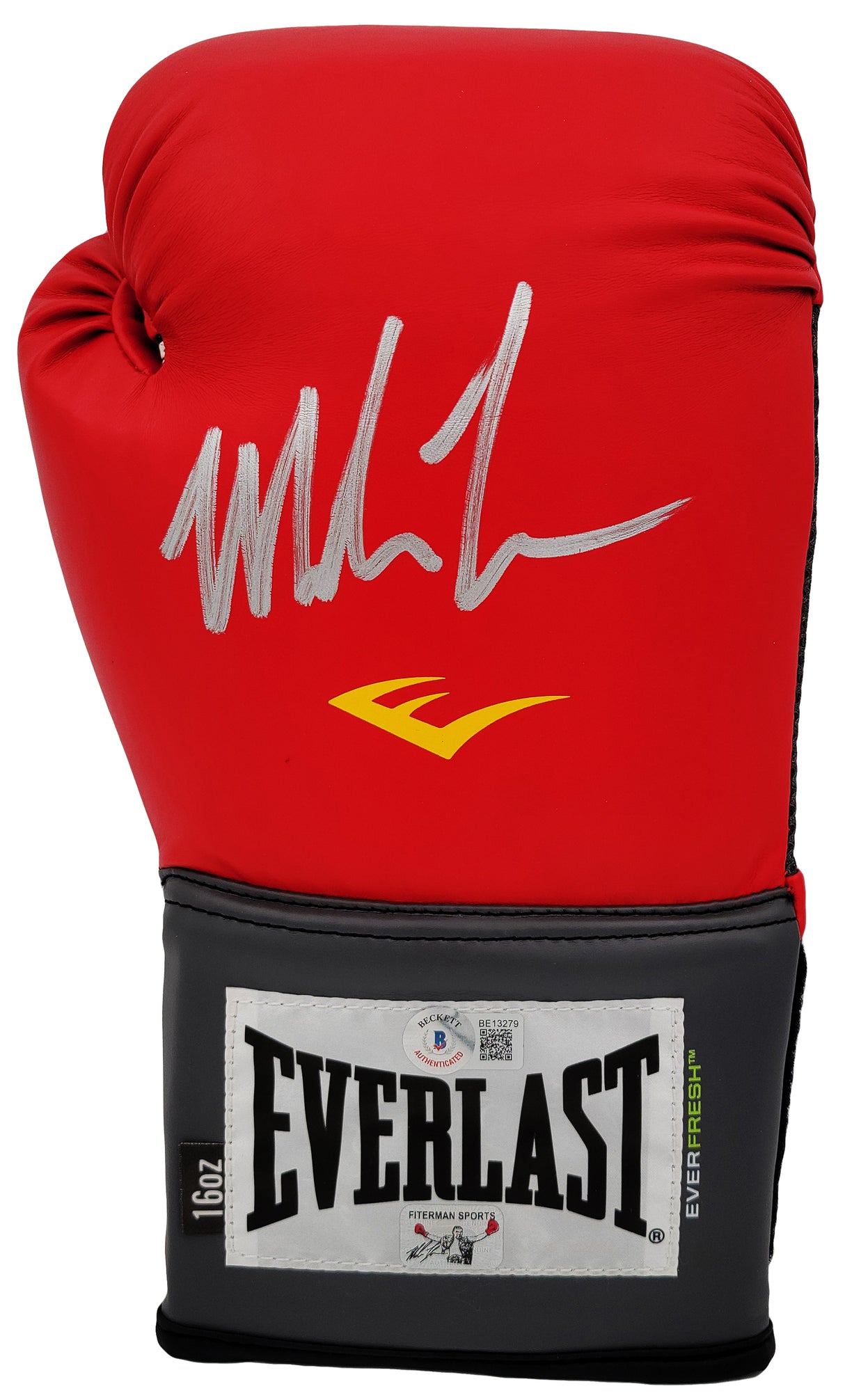 Mike Tyson Autographed Red Everlast Everfresh Boxing Glove (Right Handed RH, Silver) Beckett BAS Stock #202300