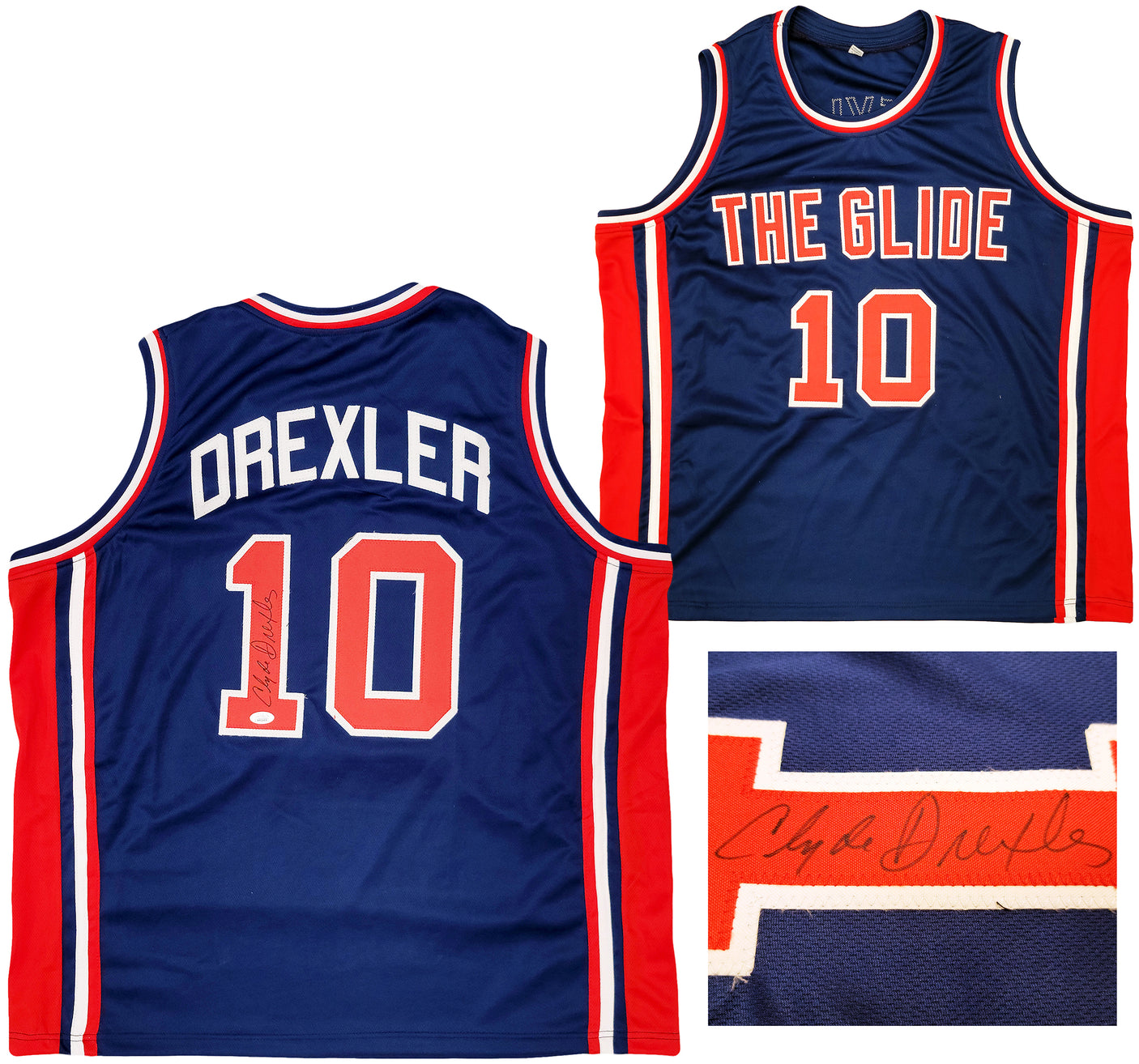 Team USA Clyde Drexler Autographed Blue Jersey The Glide JSA Stock #202348