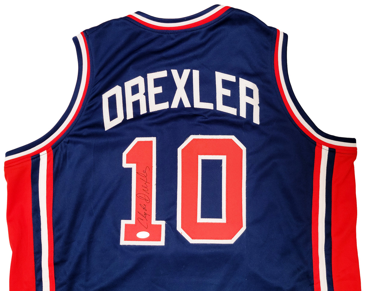 Team USA Clyde Drexler Autographed Blue Jersey The Glide JSA Stock #202348