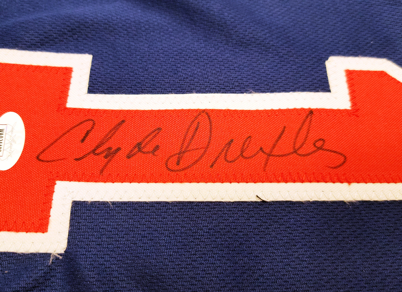 Team USA Clyde Drexler Autographed Blue Jersey The Glide JSA Stock #202348