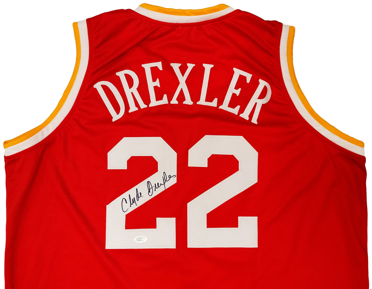 Houston Rockets Clyde Drexler Autographed Red Jersey The Glide JSA Stock #202351