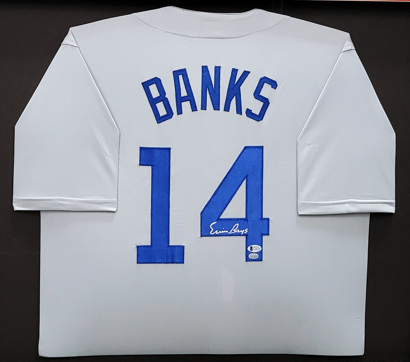 Chicago Cubs Ernie Banks Autographed Framed Gray Jersey Beckett BAS Stock #202411