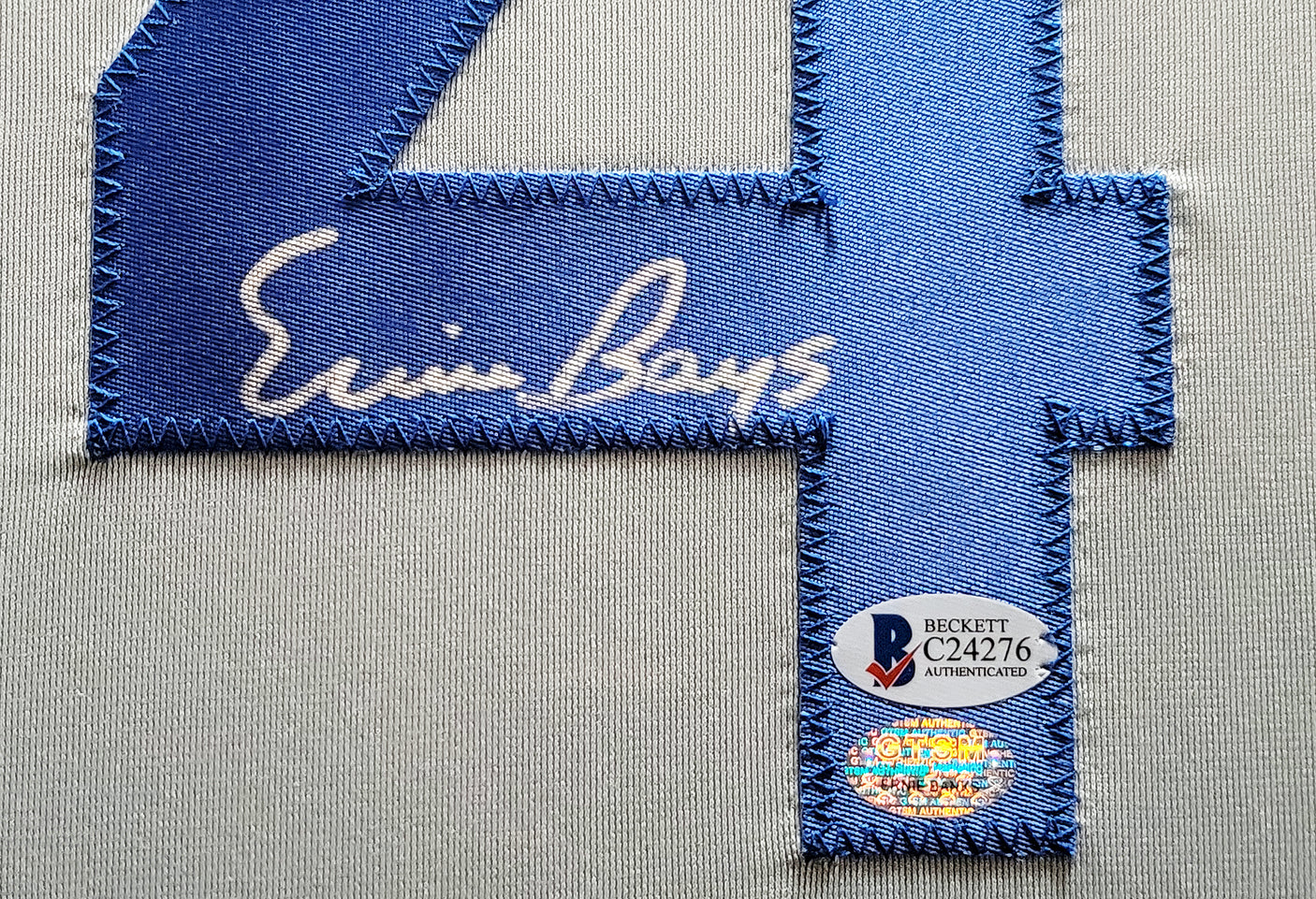 Chicago Cubs Ernie Banks Autographed Framed Gray Jersey Beckett BAS Stock #202411