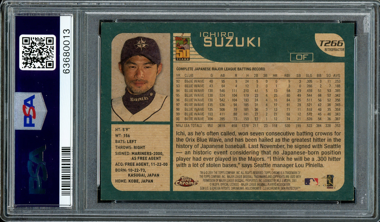 Ichiro Suzuki Autographed 2001 Topps Chrome Traded Retrofractor Rookie Card #T266 Seattle Mariners PSA 9 Auto Grade Gem Mint 10 "01 ROY MVP" PSA/DNA #63680013