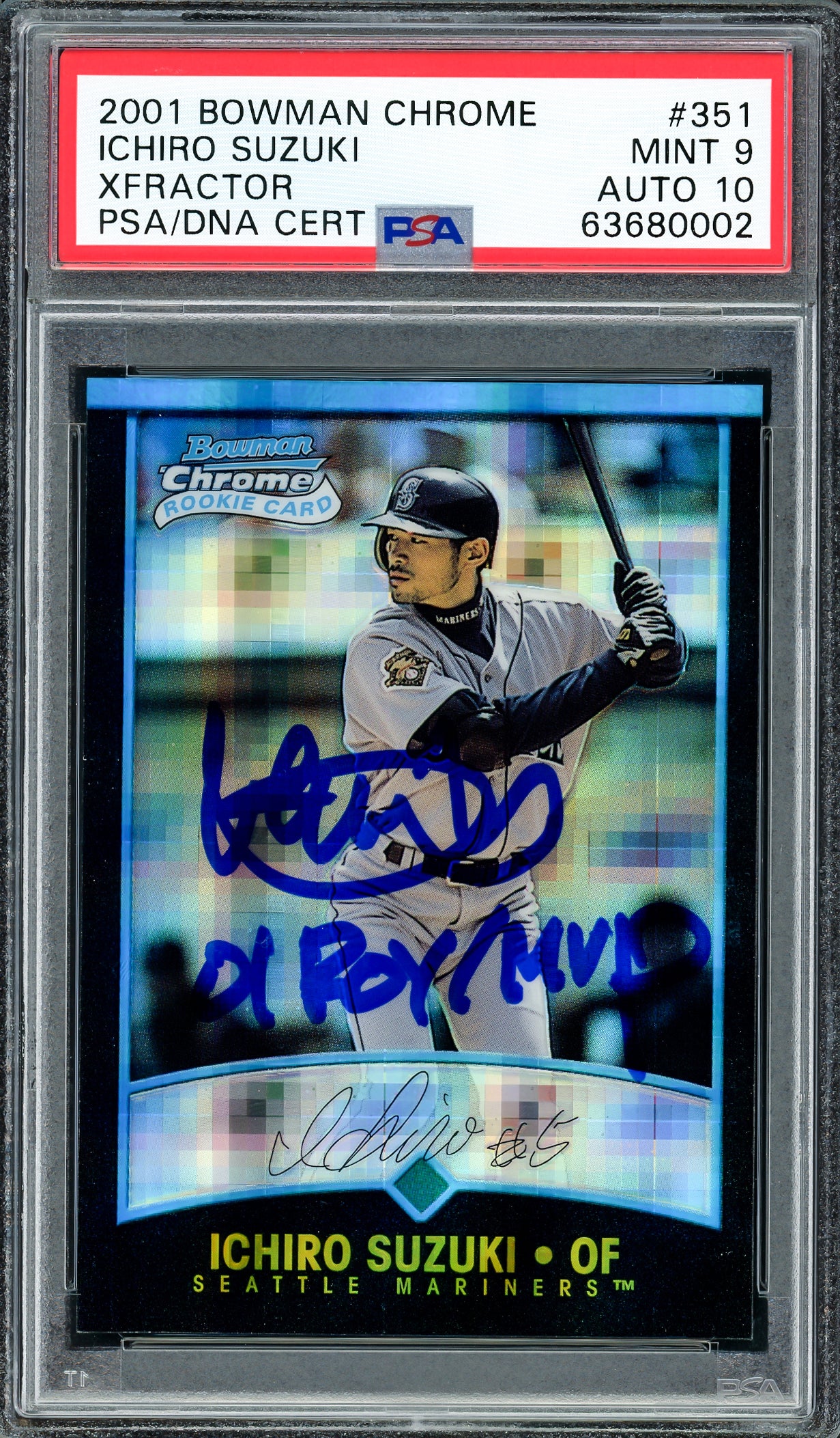Ichiro Suzuki Autographed 2001 Bowman Chrome XFractor Rookie Card #351 Seattle Mariners PSA 9 Auto Grade Gem Mint 10 "01 ROY MVP" Highest Graded PSA/DNA #63680002