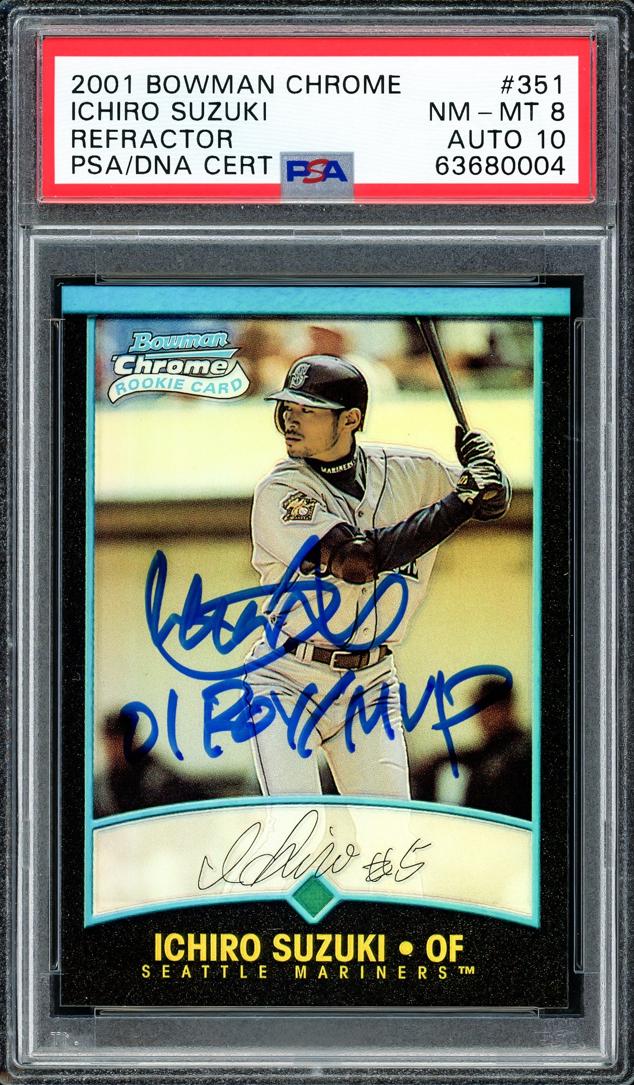 Ichiro Suzuki Autographed 2001 Bowman Chrome Refractor Rookie Card #351 Seattle Mariners PSA 8 Auto Grade Gem Mint 10 "01 ROY MVP" PSA/DNA #63680004