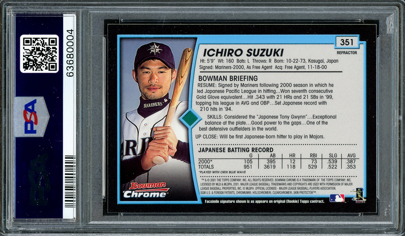 Ichiro Suzuki Autographed 2001 Bowman Chrome Refractor Rookie Card #351 Seattle Mariners PSA 8 Auto Grade Gem Mint 10 "01 ROY MVP" PSA/DNA #63680004