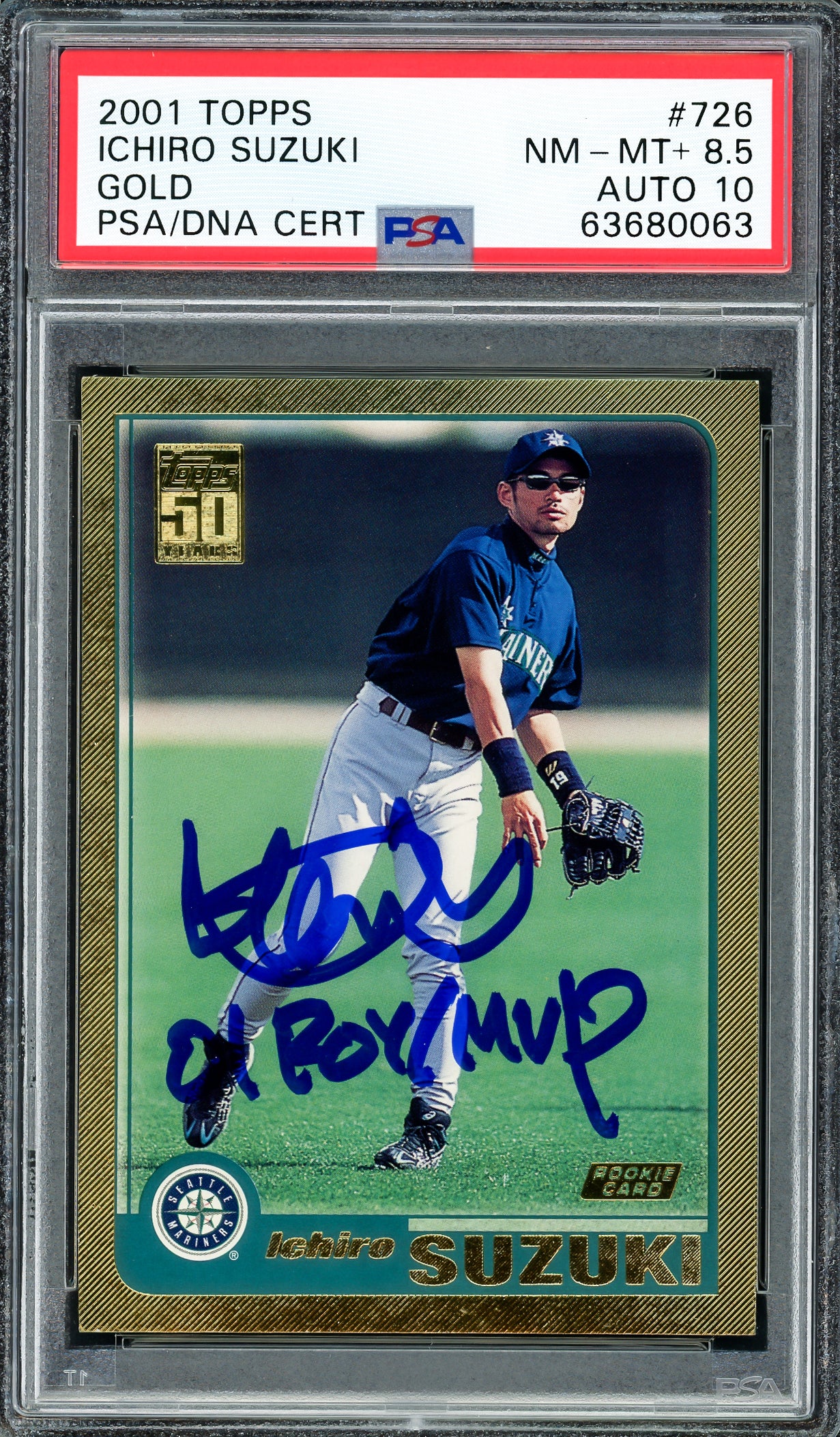 Ichiro Suzuki Autographed 2001 Topps Gold Rookie Card #726 Seattle Mariners PSA 8.5 Auto Grade Gem Mint 10 "01 ROY MVP" PSA/DNA #63680063