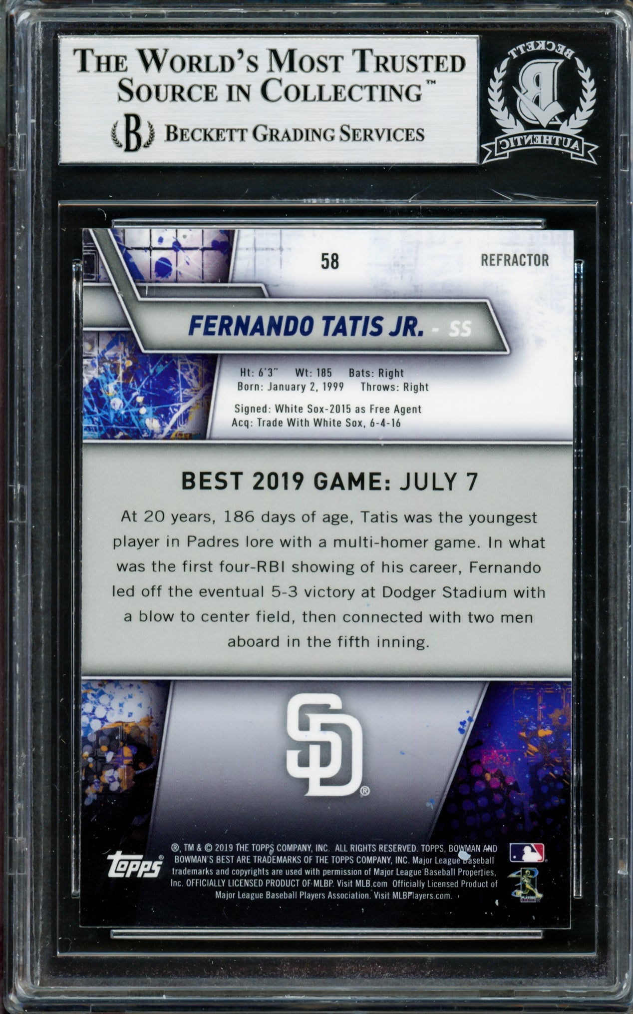 Fernando Tatis Jr. Autographed 2019 Bowman's Best Refractor Rookie Card #58 San Diego Padres Beckett BAS #14066117