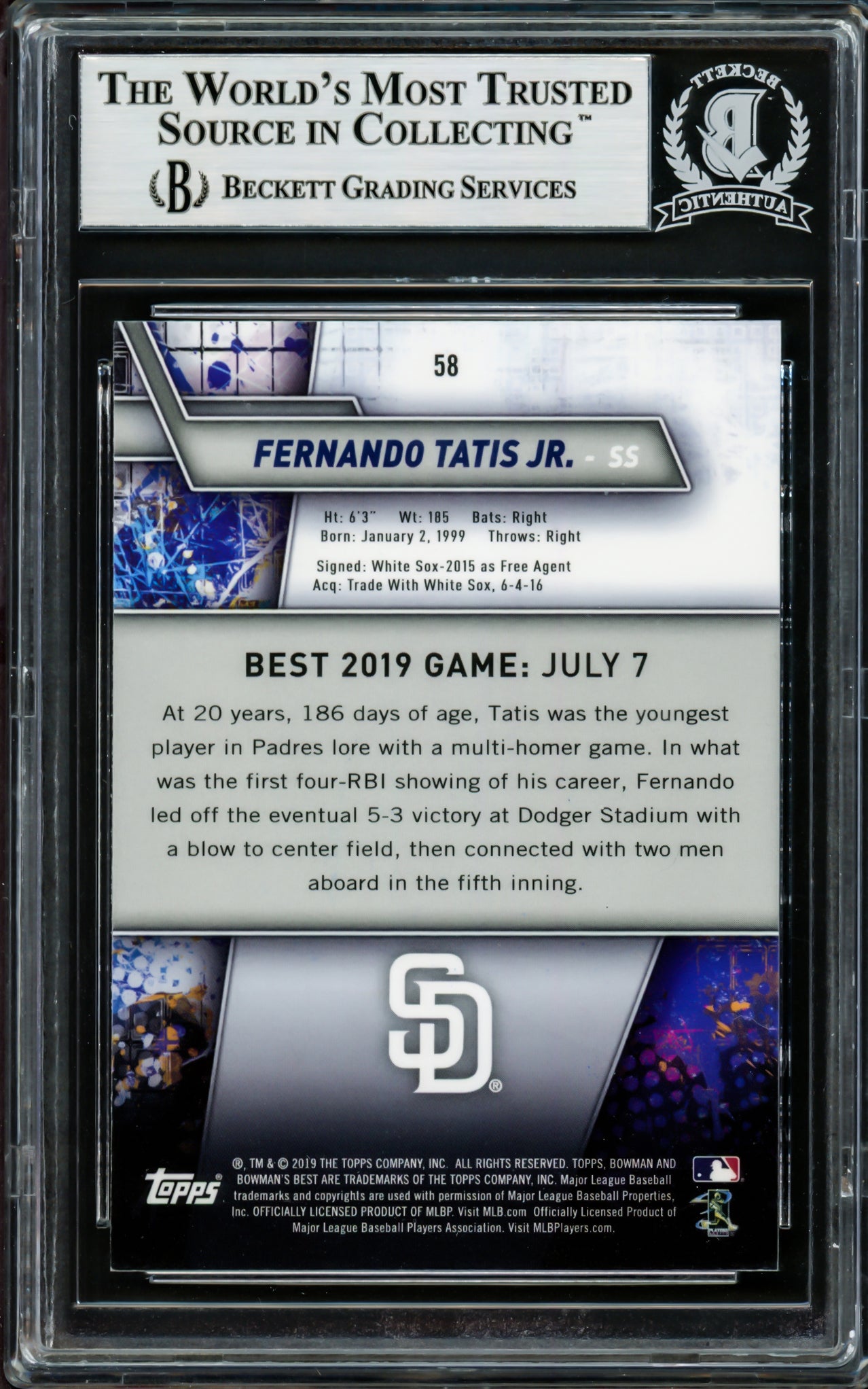 Fernando Tatis Jr. Autographed 2019 Bowman's Best Rookie Card #58 San Diego Padres Beckett BAS Stock #202730