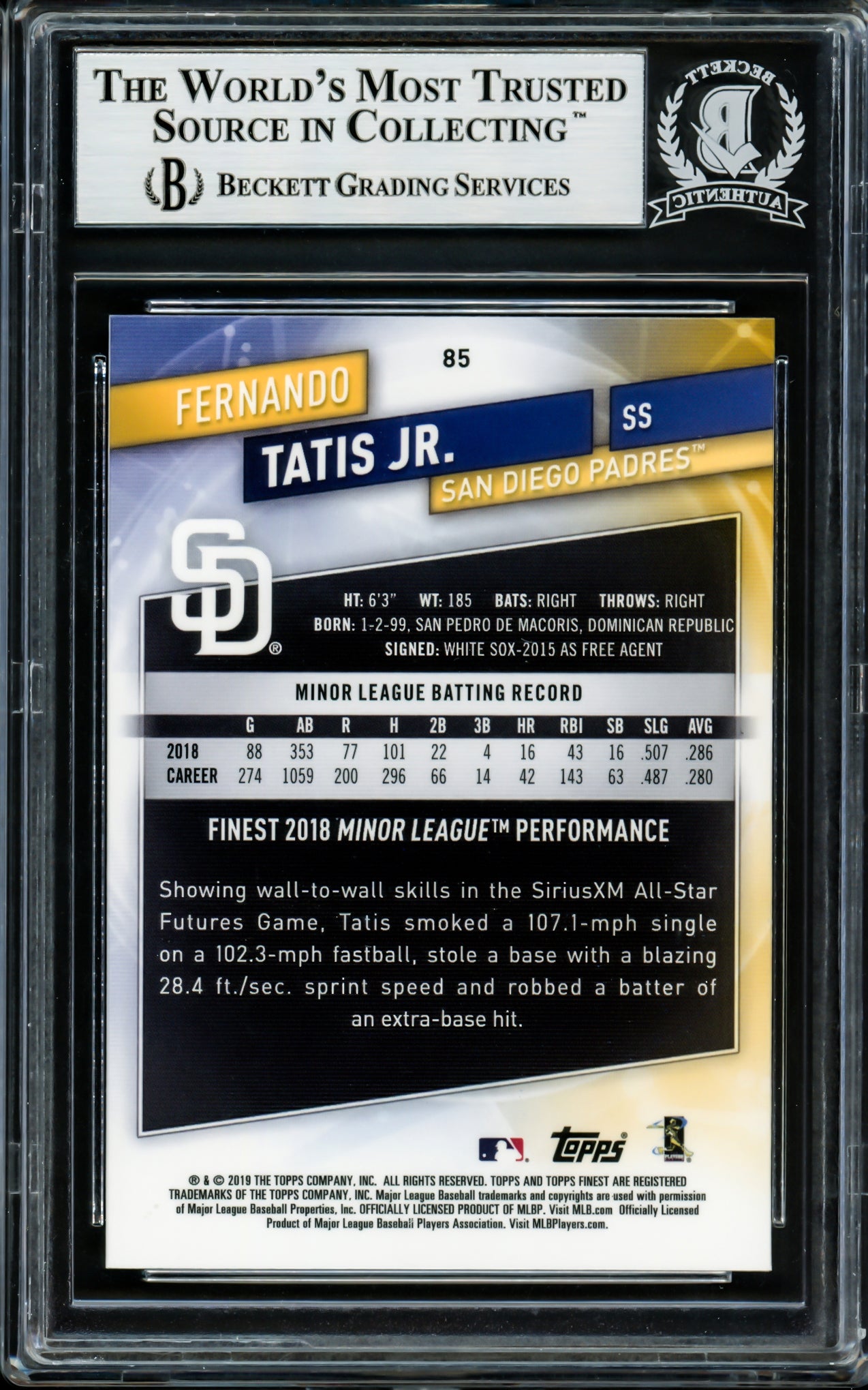 Fernando Tatis Jr. Autographed 2019 Topps Finest Rookie Card #85 San Diego Padres Beckett BAS Stock #202731