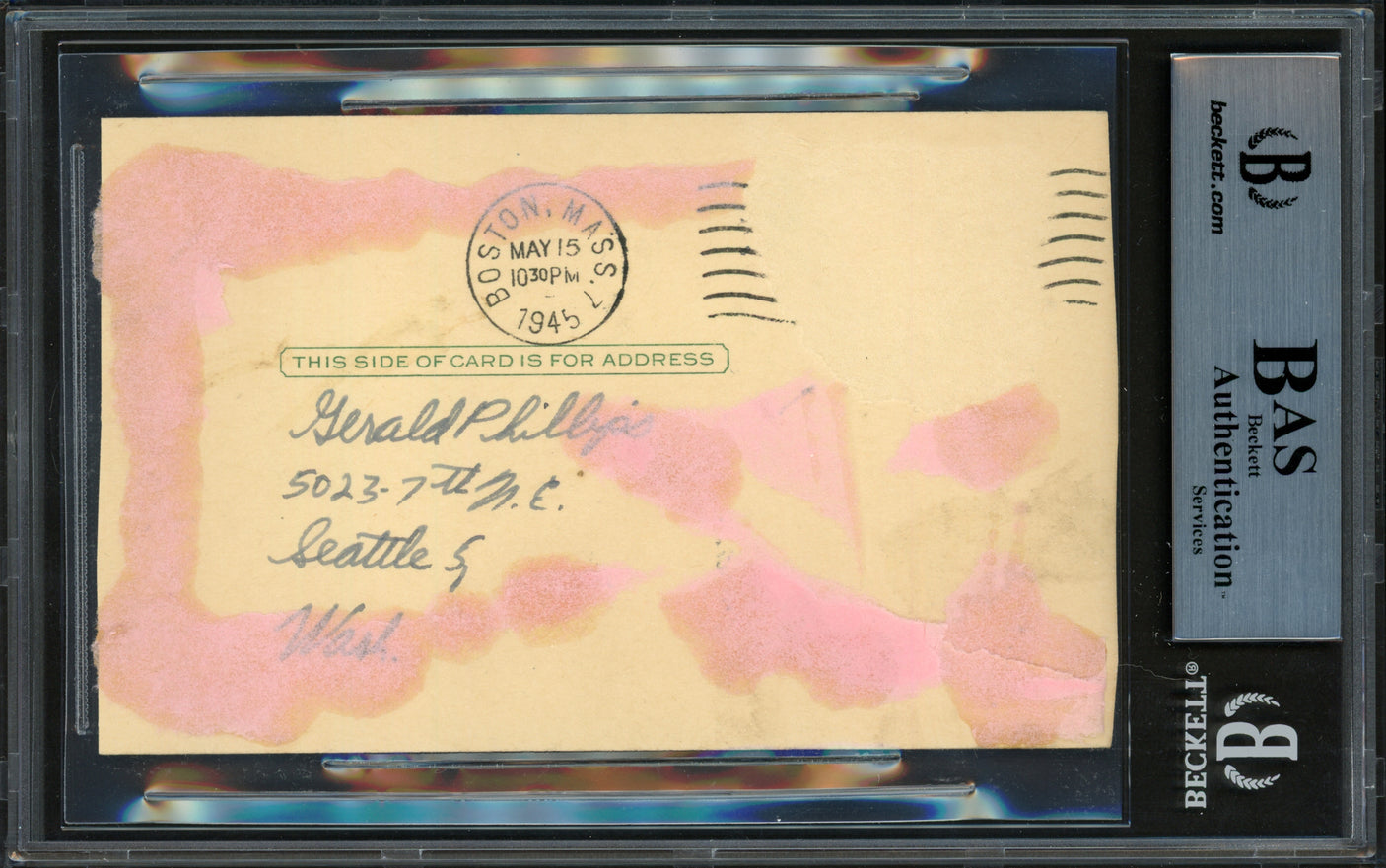 1945 Boston Braves Autographed 3.25x5.5 Government Postcard With 14 Signatures Beckett BAS #14066682