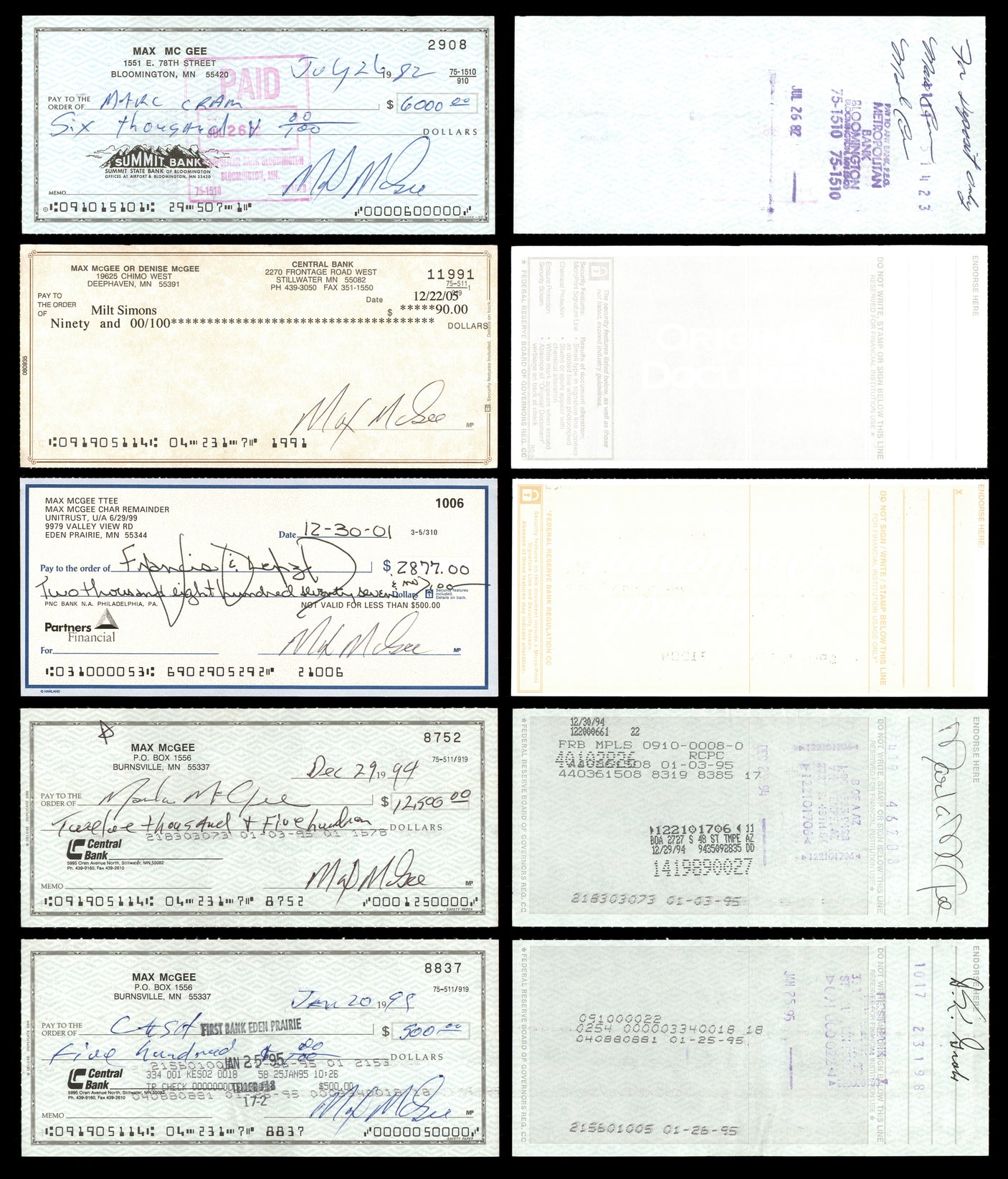 Max McGee Autographed 2.75x6 Check Green Bay Packers Lot of 20 SKU #174045