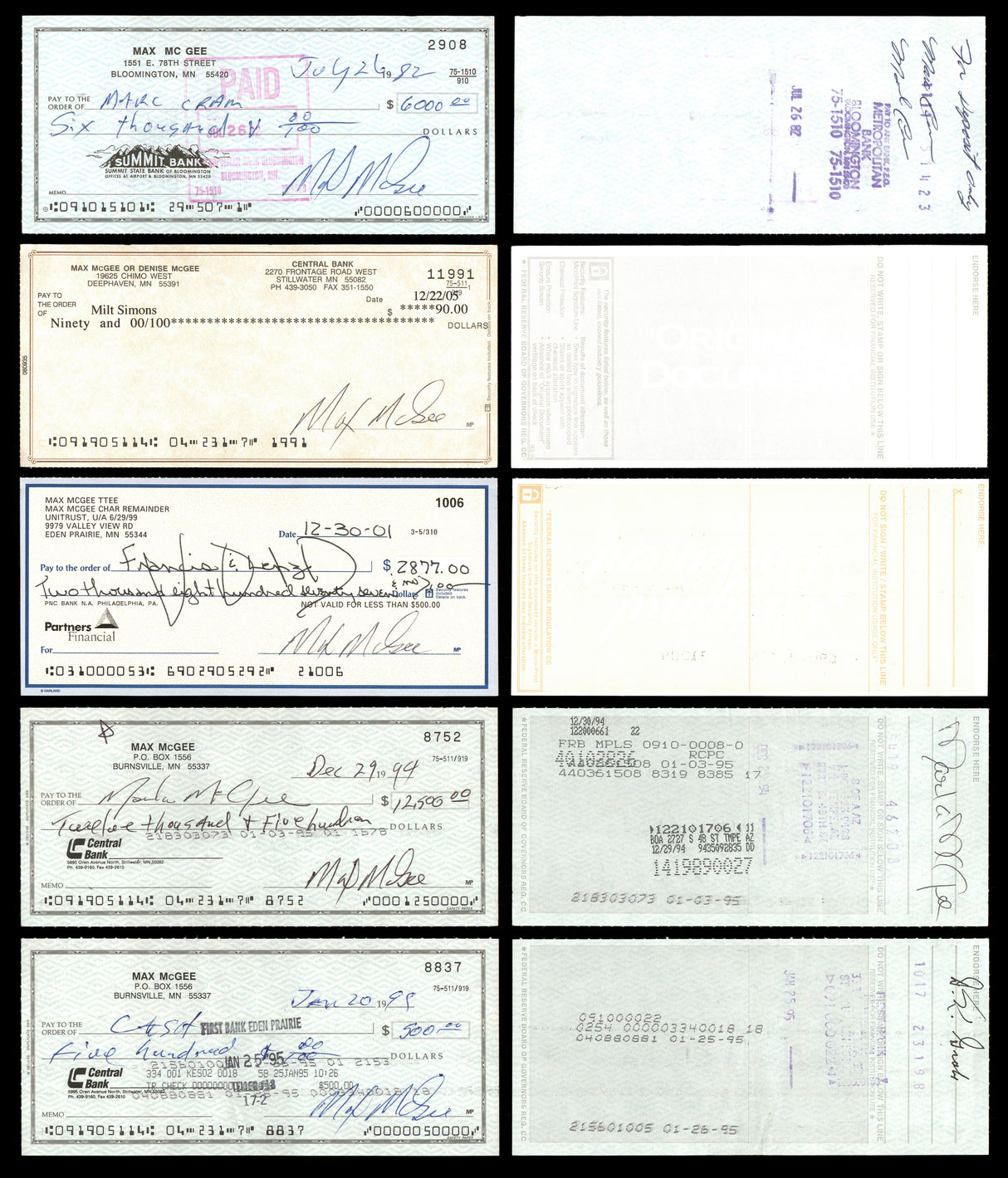 Max McGee Autographed 2.75x6 Check Green Bay Packers Lot of 20 SKU #174045