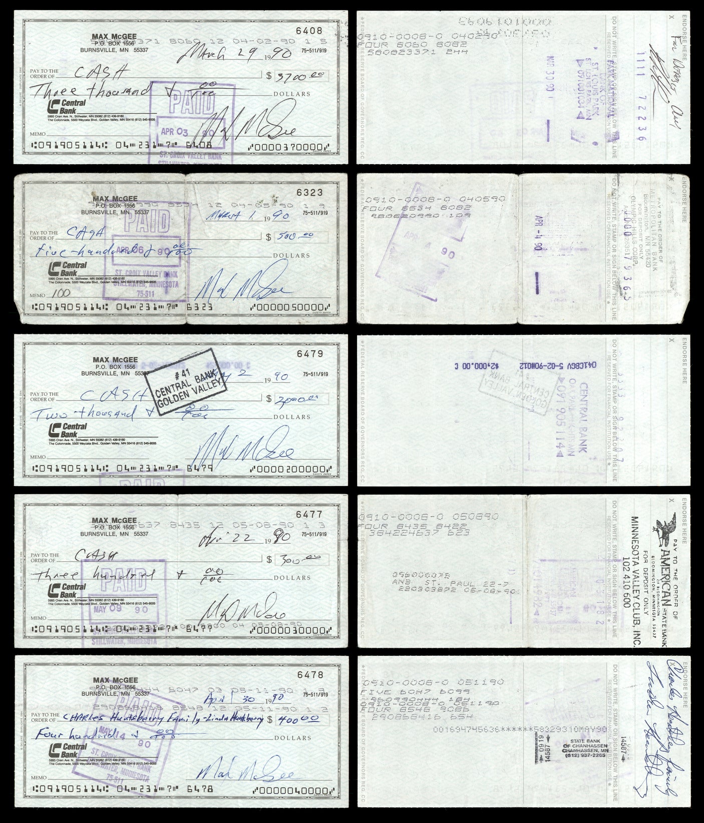 Max McGee Autographed 2.75x6 Check Green Bay Packers Lot of 20 SKU #174044