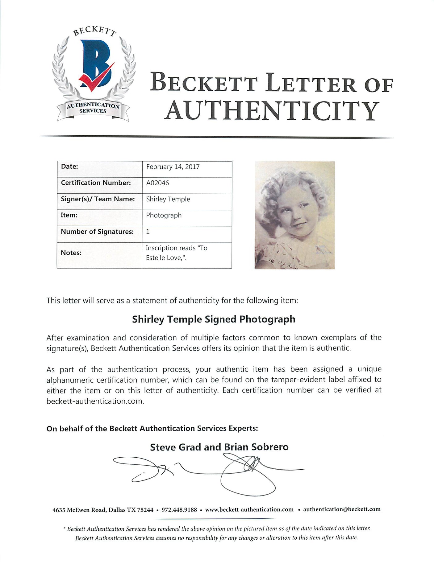 Shirley Temple "To Estelle Love" Authentic Signed 11X14 Sepia Photo BAS #A02046