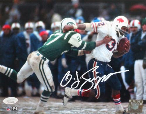 OJ Simpson Signed Buffalo Bills Vs Jets Stiff Arm 8x10 HM Photo- JSA W *White
