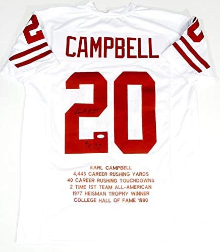 Earl Campbell Autographed White College Style Jersey STAT 4 w/ HT - JSA W Auth *