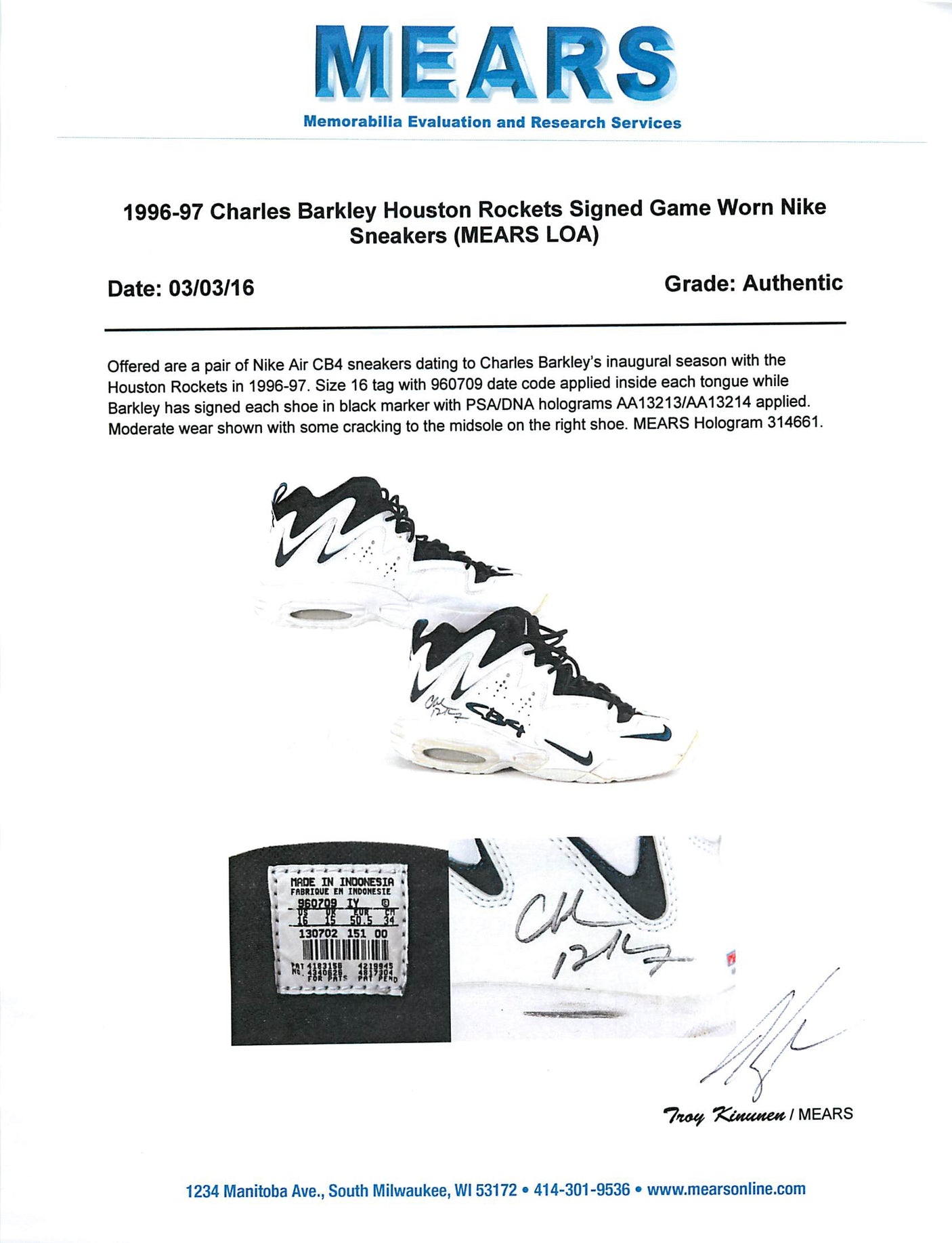 Rockets Charles Barkley Signed 1996-97 Game Used Nike Air CB4 Shoes PSA & Mears