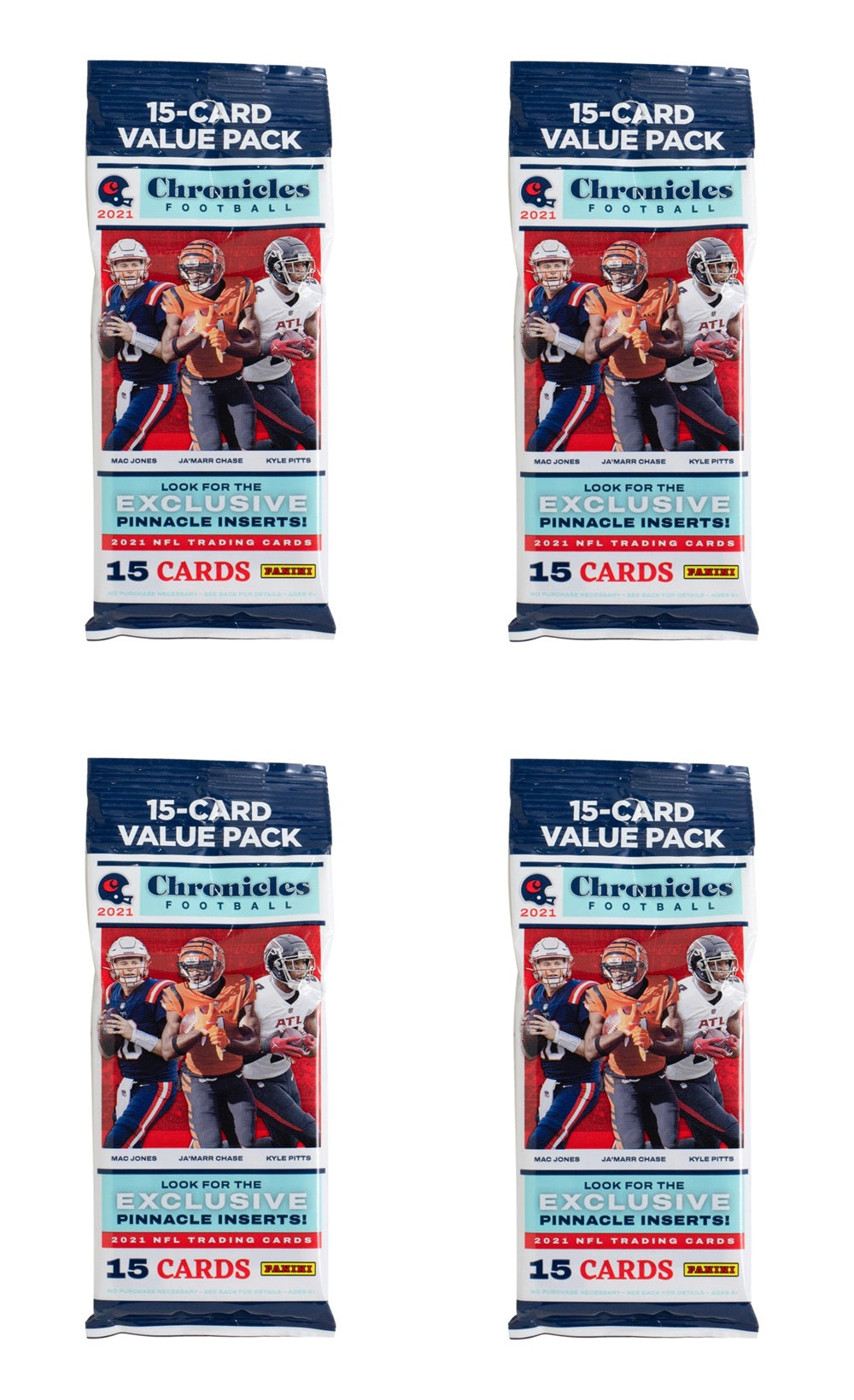 A Lot of (4) 2021 Panini Chronicles NFL Value Sealed Football Trading Card Packs from Sports Integrity are displayed in a two-by-two grid, each pack showing football players in action on the front.