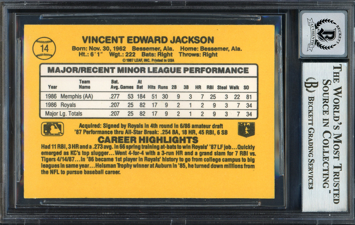 Bo Jackson Autographed 1987 Donruss The Rookies Rookie Card #14 Kansas City Royals Auto Grade Gem Mint 10 Beckett BAS Stock #192873