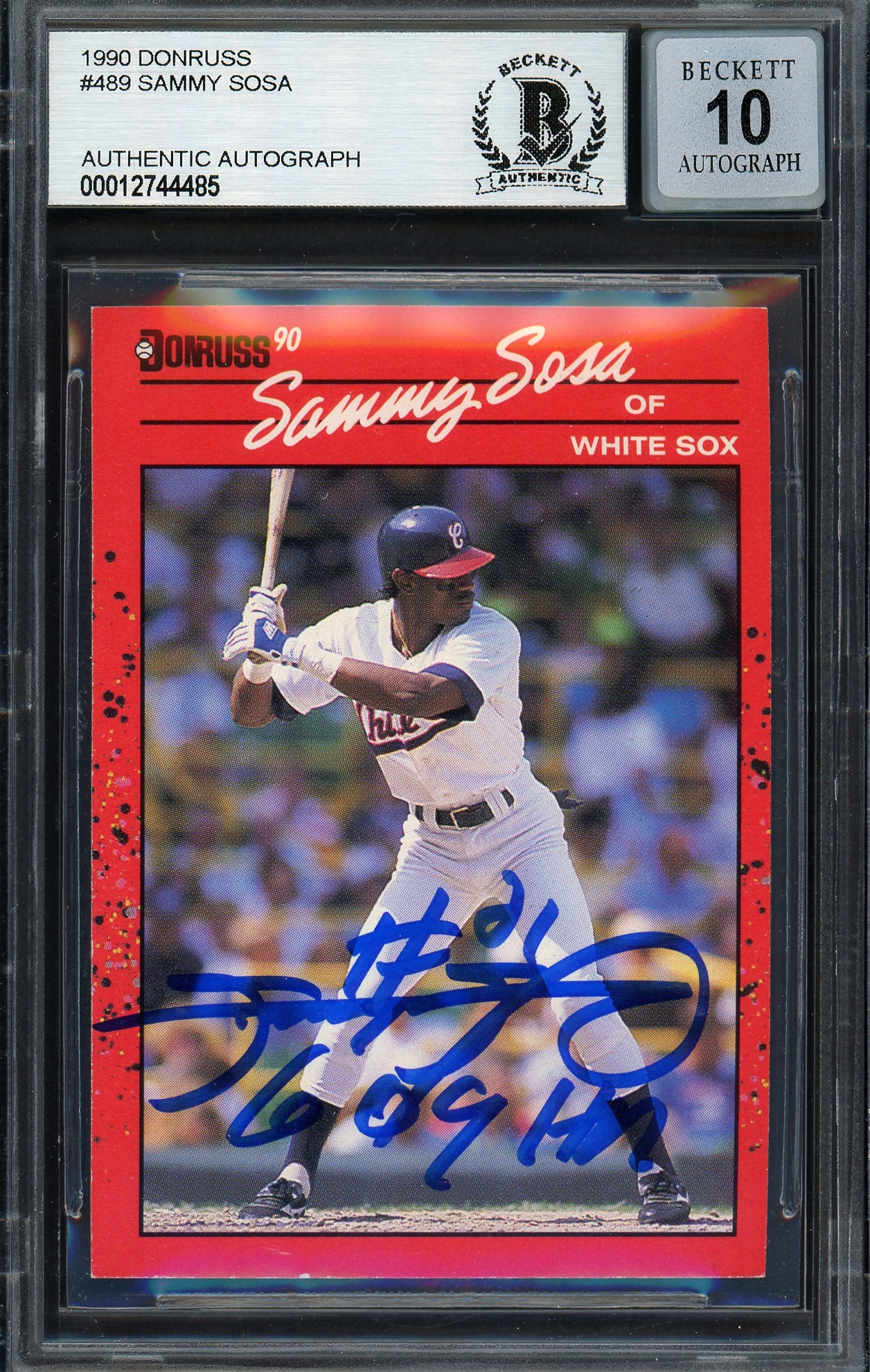 Sammy Sosa Autographed 1990 Donruss Rookie Card #489 Chicago White Sox Auto Grade Gem Mint 10 "609 HR" Beckett BAS Stock #192891