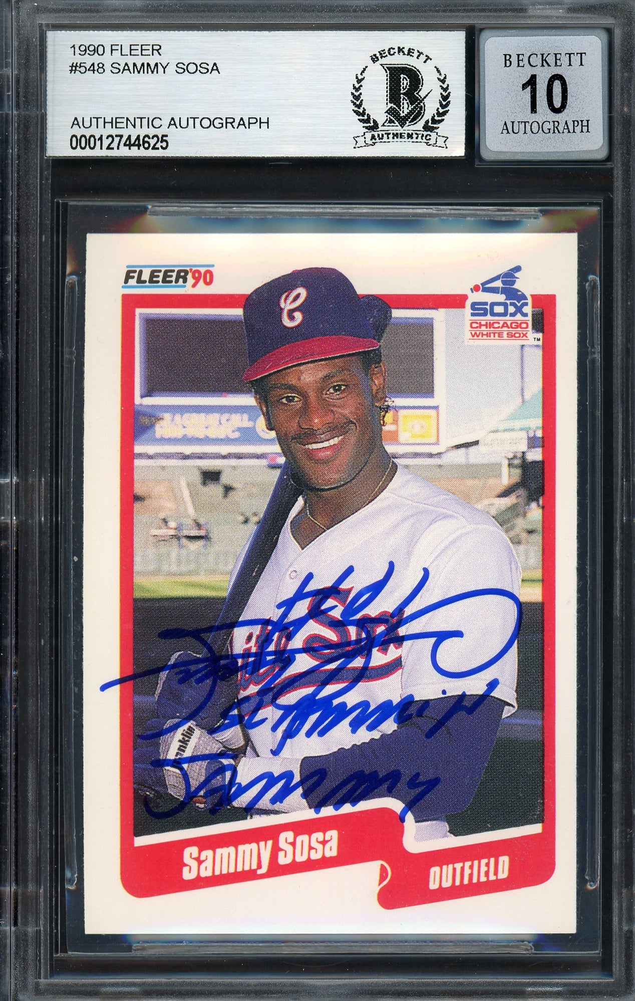 Sammy Sosa Autographed 1990 Fleer Rookie Card #548 Chicago White Sox Auto Grade Gem Mint 10 "Slammin Sammy" Beckett BAS Stock #192894