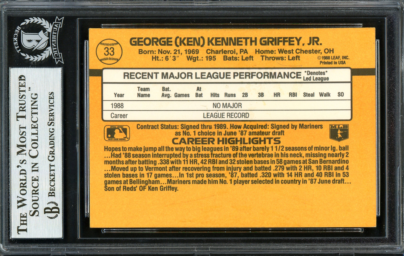 Ken Griffey Jr. Autographed 1989 Donruss Rookie Card #33 Seattle Mariners Rookie Vintage Signature Beckett BAS #12749795