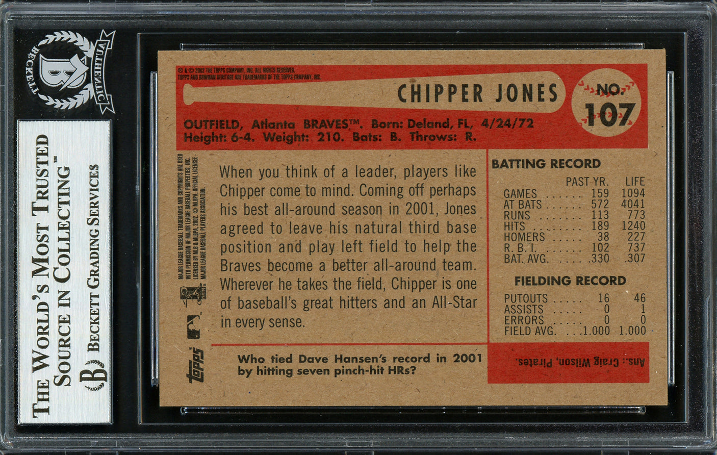 Chipper Jones Autographed 2002 Bowman Heritage Card #107 Atlanta Braves Beckett BAS #12750512