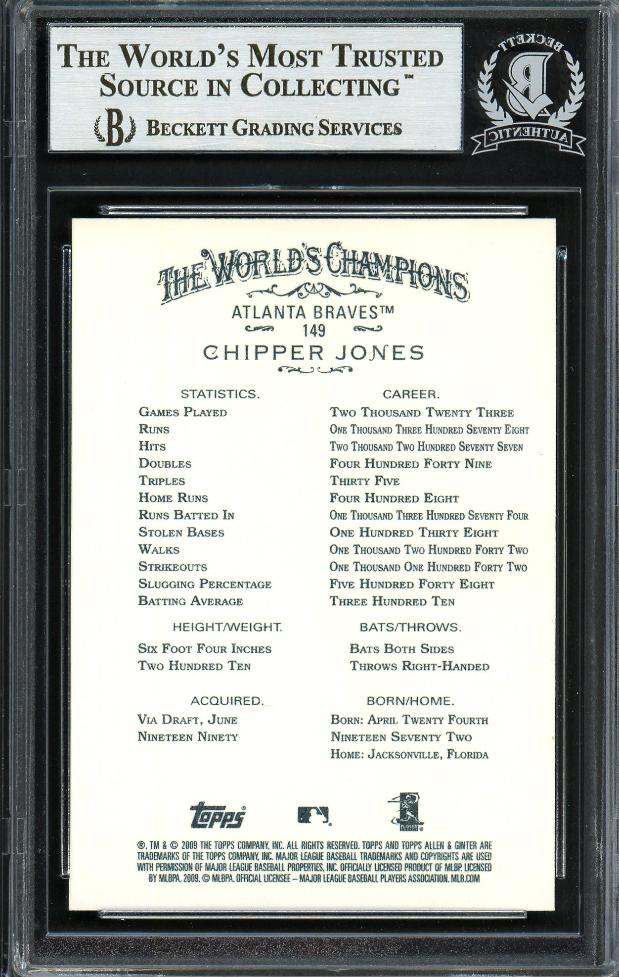 Chipper Jones Autographed 2009 Topps Allen & Ginter Card #149 Atlanta Braves Beckett BAS #12750565