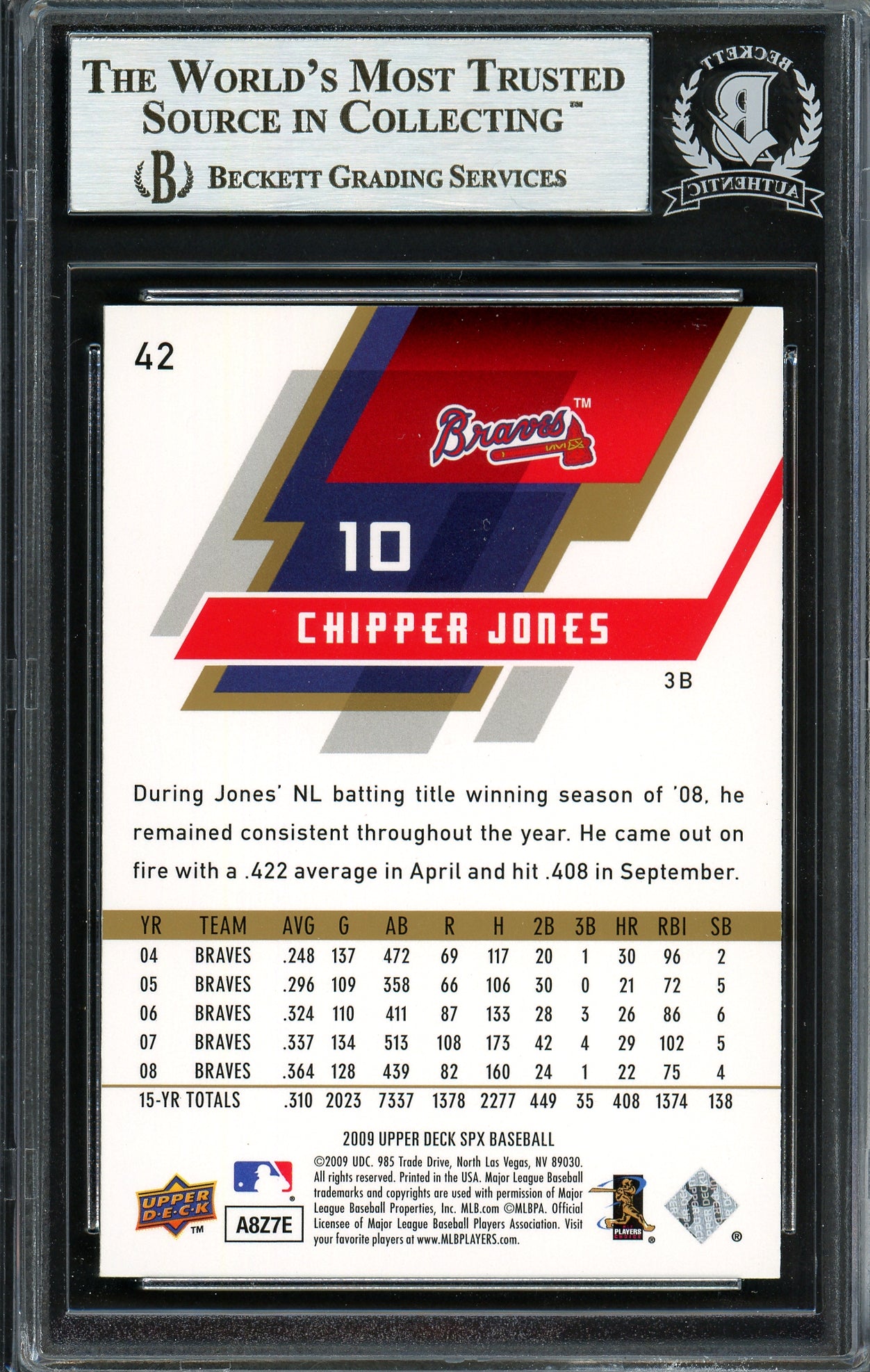 Chipper Jones Autographed 2009 Upper Deck SPX Card #42 Atlanta Braves Beckett BAS #12750573