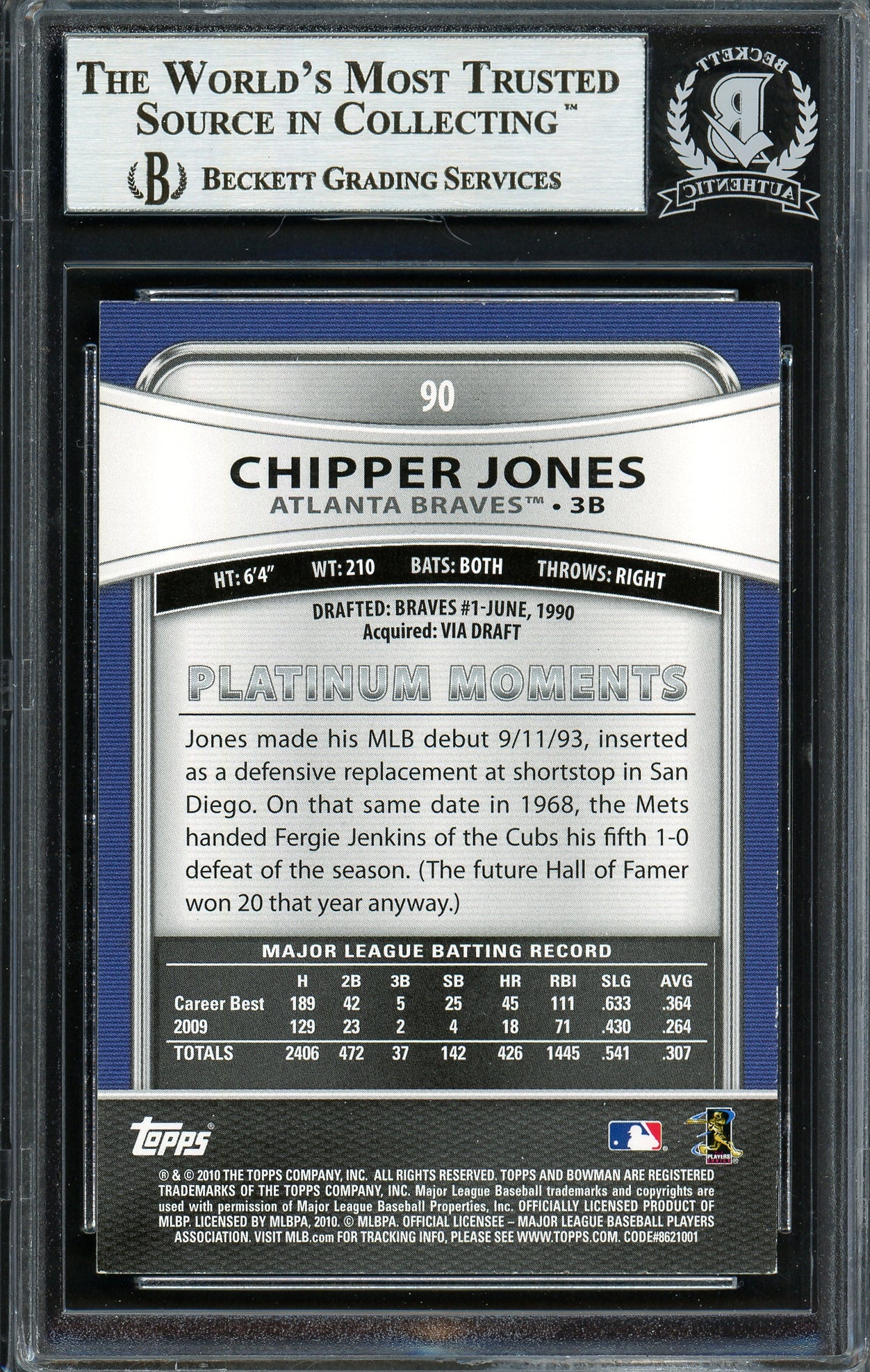Chipper Jones Autographed 2010 Bowman Platinum Card #90 Atlanta Braves Beckett BAS #12750793